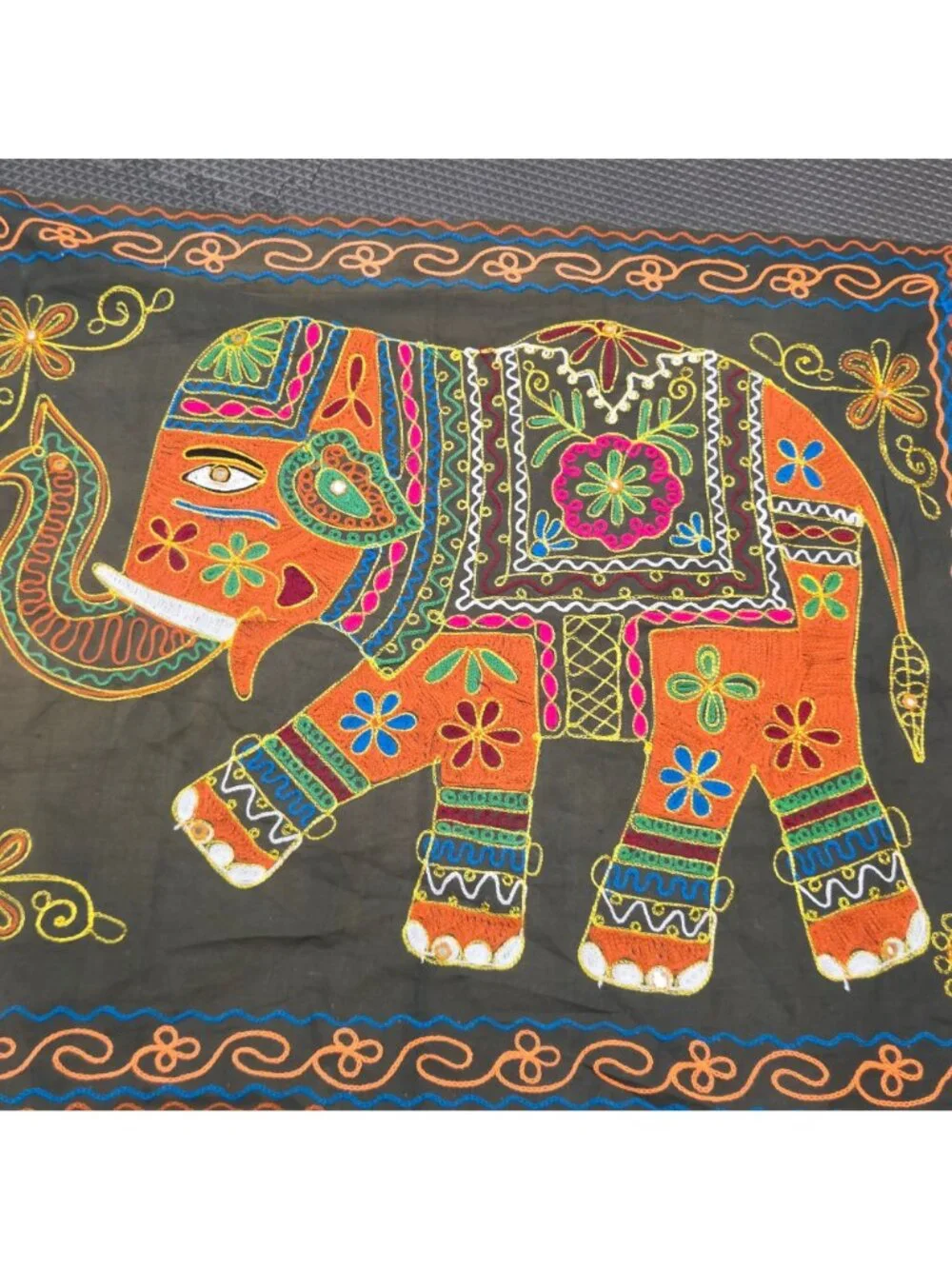 Indian Elephant Embroidered Testile Wall Hanging Mirror Work Boho Fold Art Decor